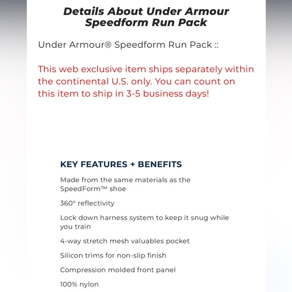 UNDER ARMOUR SPEEDFORM RUN PACK
Item #02047 - Picture 7 of 11